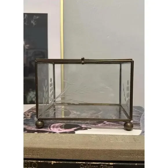 Vintage Etched Glass And Bronze Jewelry Display Catch All Box Floral Design - Picture 1 of 5